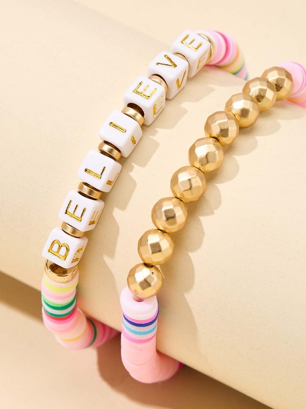 'BELIEVE' Beaded Bracelet Set - Pastel & Gold